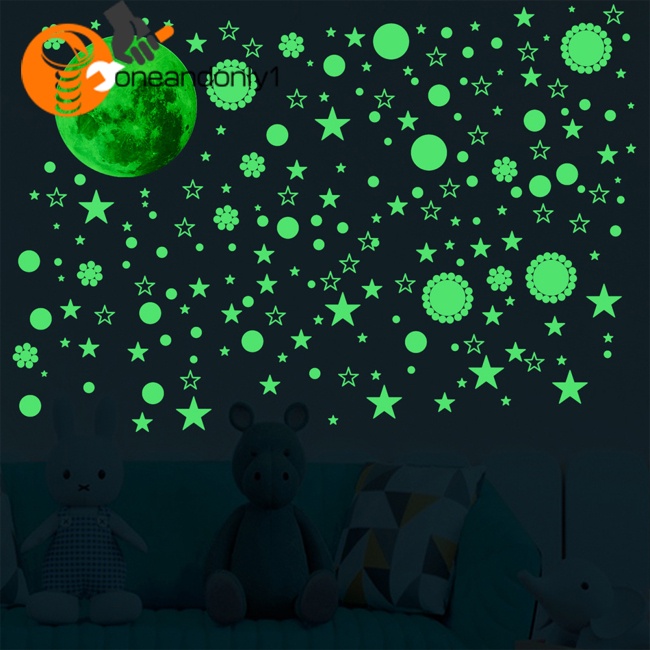 Bộ 3 Miếng Dán Tường Dạ Quang Tự Dính Hình Trăng Sao Trang Trí Phòng Bé Gái