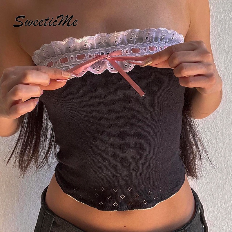 Áo Ống Thắt Nơ Phối Ren Màu Tương Phản Thời Trang 2023 Cho Nữ