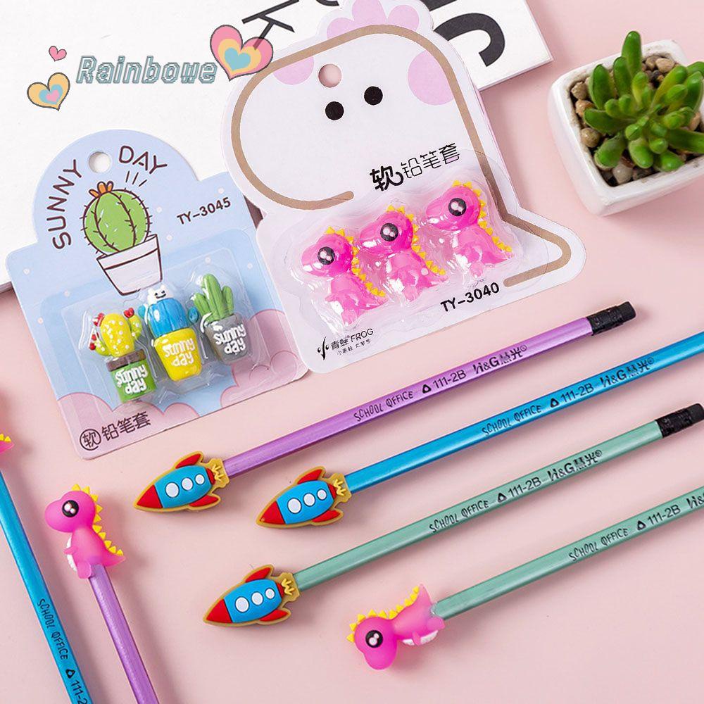 RAINBOW Bộ 3 Nắp Đậy Bút Chì Mềm Mại Họa Tiết Hoạt Hình Dễ Thương
