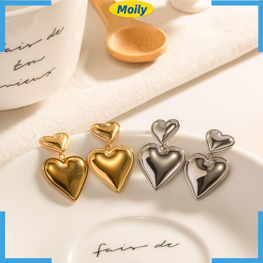 MOILYVN Khuyên Tai Hình Trái Tim Đôi Bằng Thép Không Gỉ Mạ Vàng Sang Trọng Chống Rỉ Sét Dành Cho Nữ