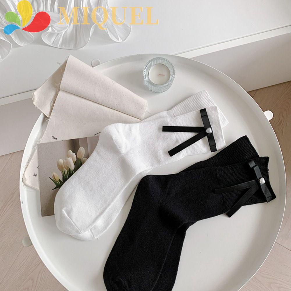 MIQUEL Vớ Cotton Đính Nơ Hàn Quốc Y2K Tươi Mới Cho Nữ