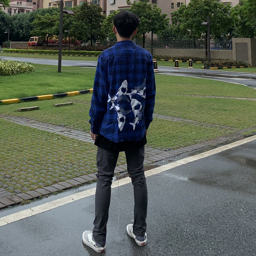 Áo Khoác Sơ Mi Dáng Rộng Họa Tiết Cá Mập Xanh Dương Phong Cách Retro Đường Phố Hàn Quốc Thời Trang Mùa Hè Dành Cho