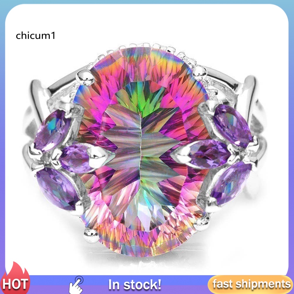 Nhẫn Đính Hôn Mạ Bạc Hình Hoa Đính Đá Màu Cầu Vồng Lấp Lánh