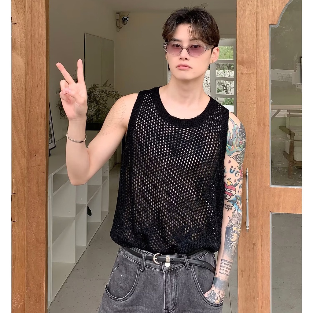 Áo Ba Lỗ Dệt Kim Phối Lưới Thời Trang Mùa Hè Cho Nam