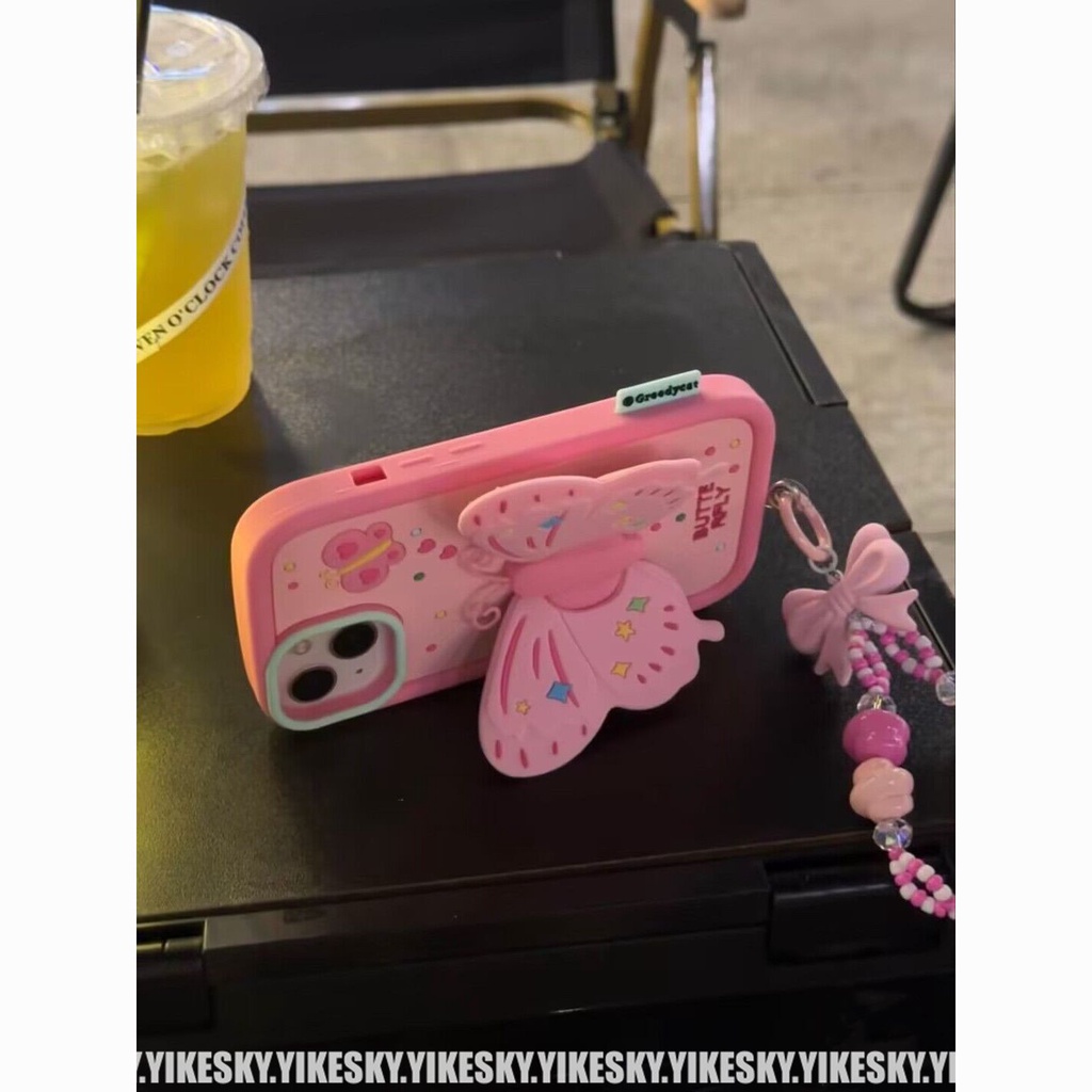 Ốp Điện Thoại Silicon Mềm Chống Rơi Có Giá Đỡ Và Dây Xích Nơ Cho iPhone 14 Pro Max / 13Pro / 13Promax 12 / 12Pro / 11