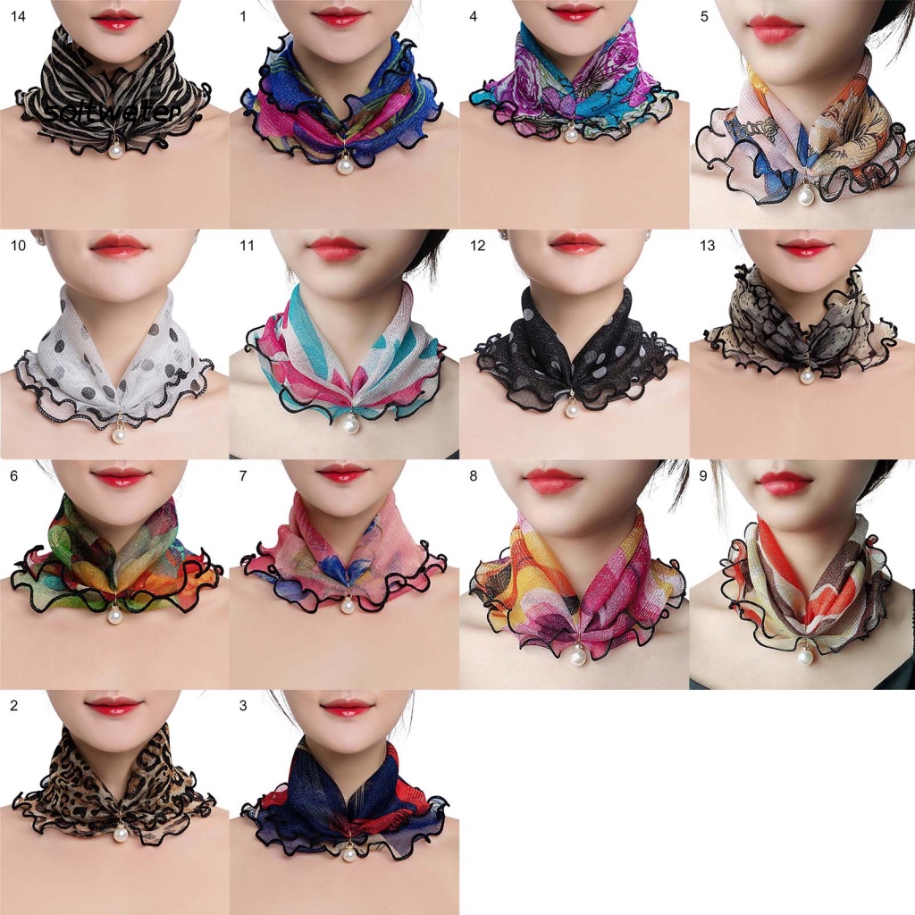 St Khăn Choàng Cổ In Họa Tiết Đính Ngọc Trai Giả Viền Bèo Bền Bỉ Dành Cho Bạn Nữ Mặ