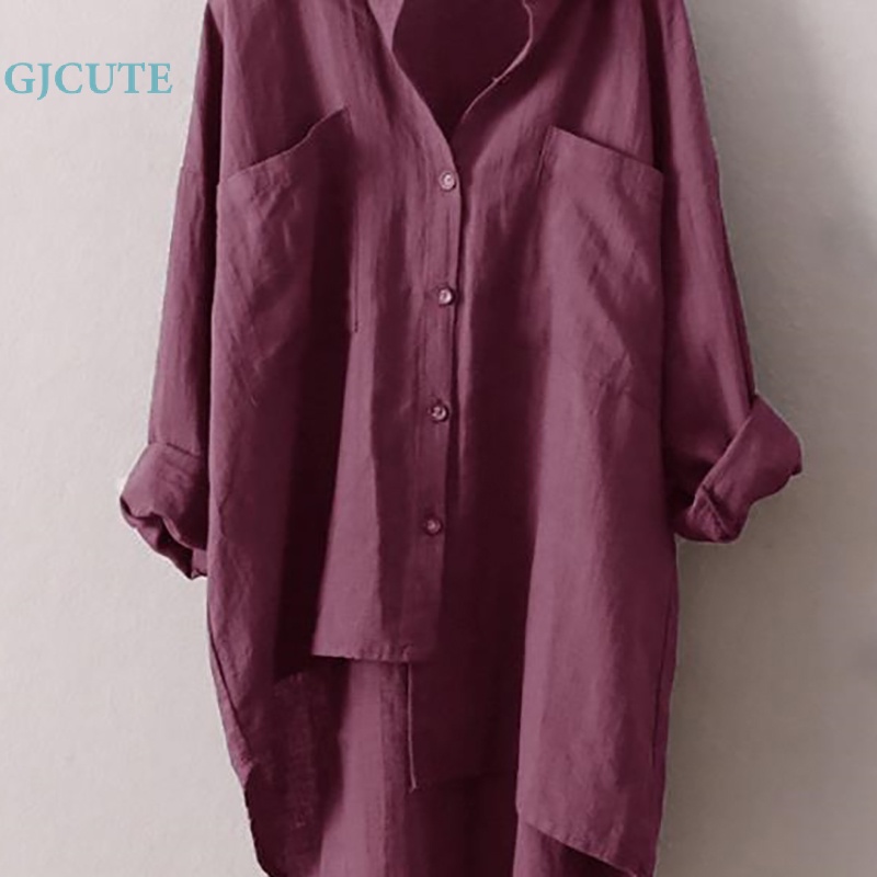 Áo Sơ Mi Cotton Oversized Tay Dài Hai Túi Dành Cho Nữ