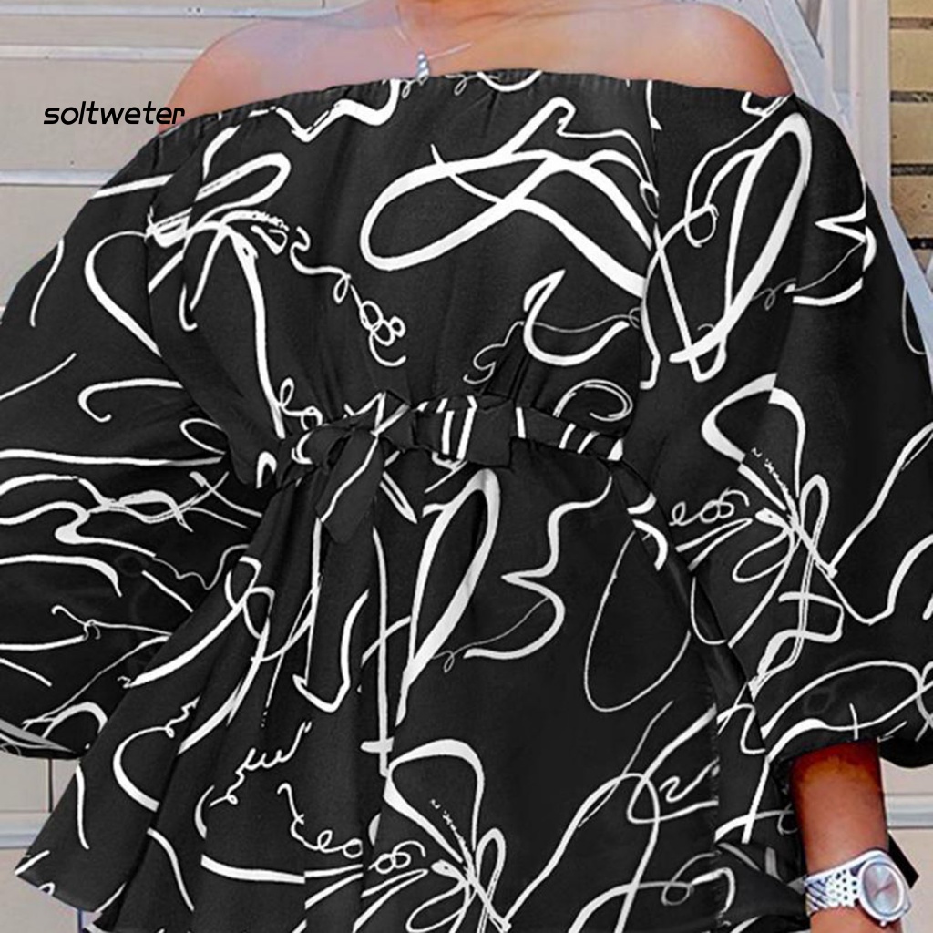 Set Đồ 2 Món Gồm Áo Trễ Vai Tay 3 / 4 Có Diềm Xếp Nếp Và Quần Ngắn Viền Bèo In Họa Tiết Cho Nữ