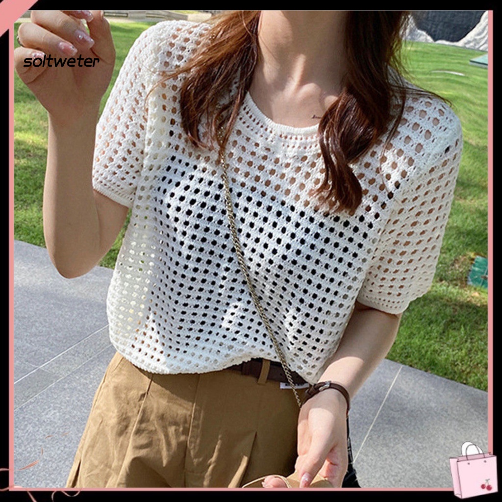 Áo Thun Dệt Kim Mỏng Tay Ngắn Cổ Tròn Màu Trơn Che Nắng Cho Nữ