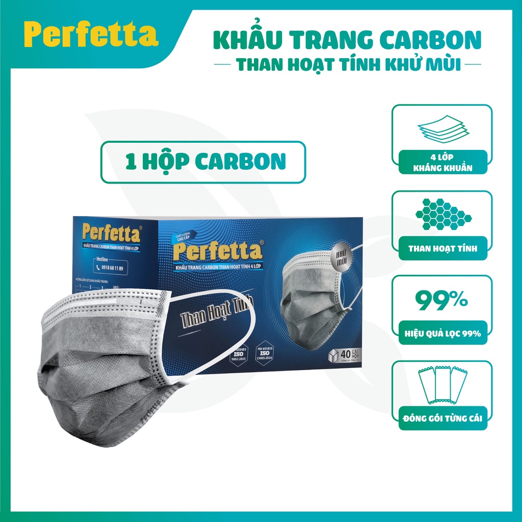 Khẩu Trang Y Tế 4 lớp than hoạt tính - Chính hãng Perfetta Carbon (40 Cái/Hộp), hỗ trợ khửi mùi