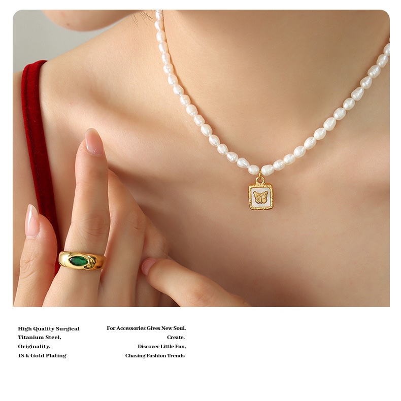 Vòng cổ Bằng Thép Titan Mạ Vàng Mặt Bướm / Cá / Ngọc Trai Không Màu Thanh Lịch Thời Trang Pháp