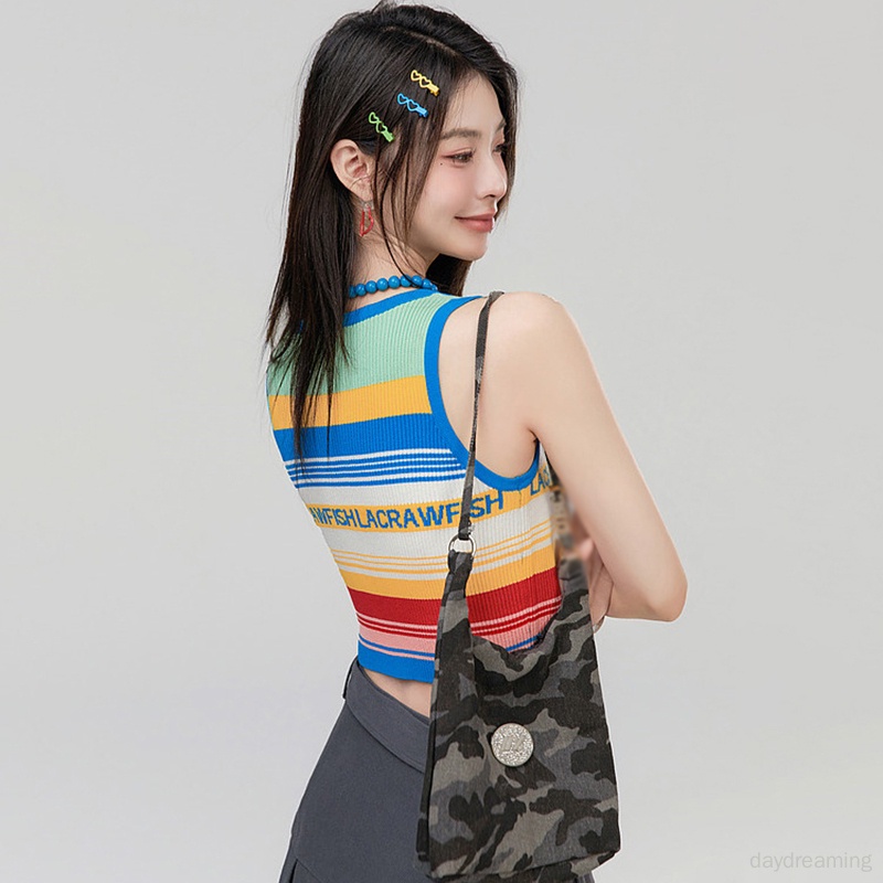 Áo Croptop Dệt Kim Sát Nách Họa Tiết Kẻ Sọc Cầu Vồng In Chữ Thời Trang Mùa Hè Cho Nữ