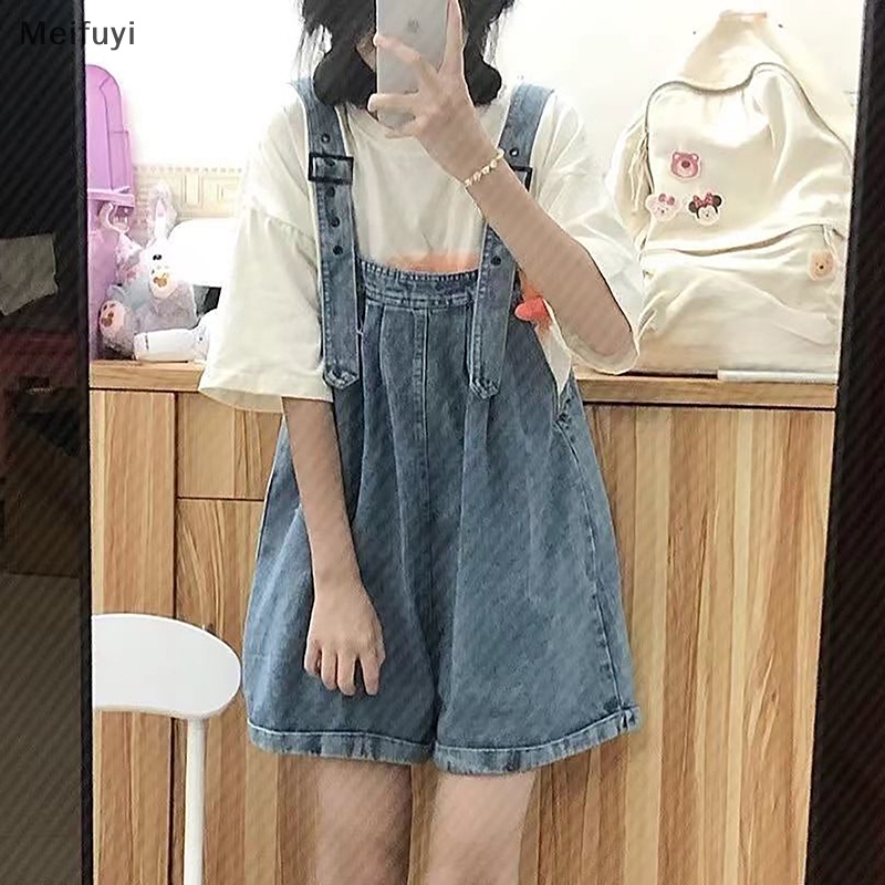 [Meifuyi] Milk Salt Series Small Sweet Small Fresh Strap Jeans Women's Age Reduction Summer New High Waist Loose Trend Pant Overalls COD