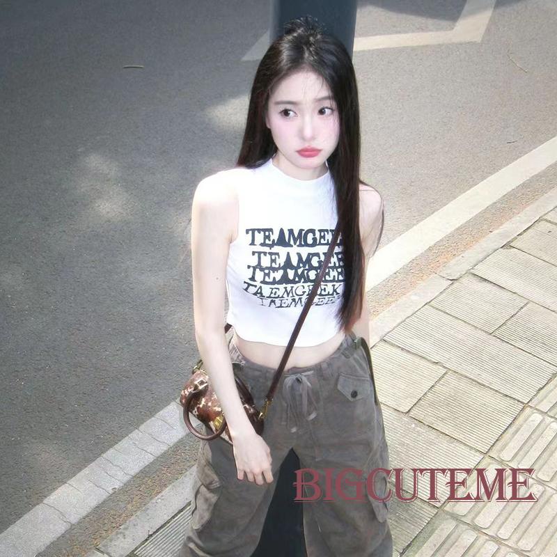 Áo Croptop Sát Nách Cổ Đứng Ôm Dáng In Chữ Thời Trang Đường Phố Mùa Hè Cho Nữ