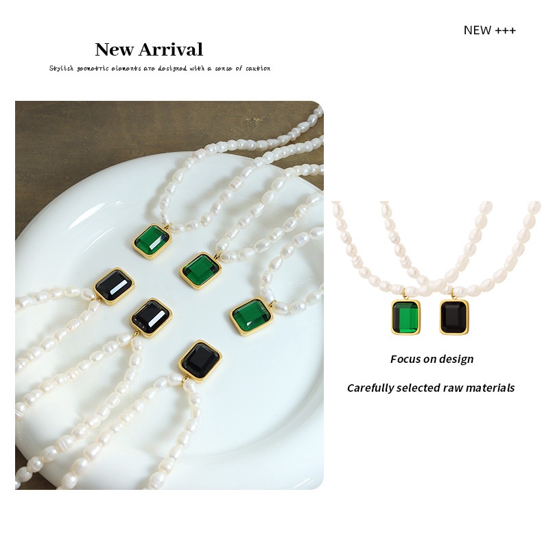 Vòng cổ Mặt Vuông Đính Ngọc Trai Pha Lê Không Màu Phong Cách Retro Âu Mỹ