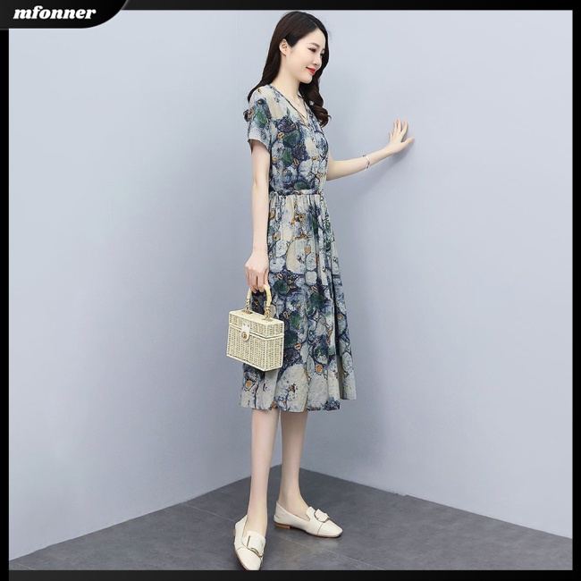 Đầm Midi Ngắn Tay Dáng Chữ A Lưng Cao In Hoa Phối Túi Thời Trang Mùa Hè Cho Nữ