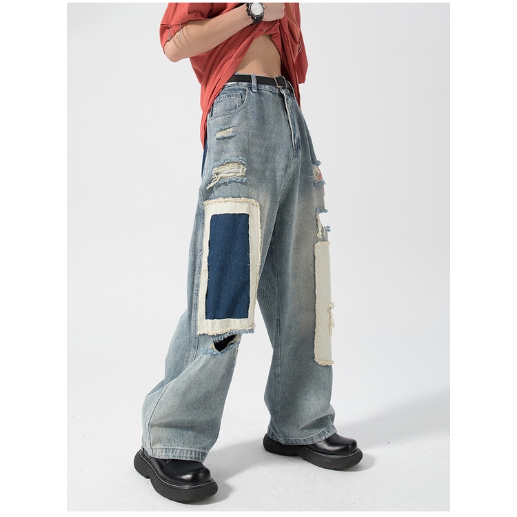 Quần Jean Rách Dáng Rộng Màu Sắc Tương Phản Phong Cách Đường Phố Cá Tính