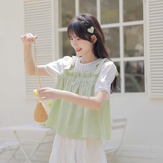 Áo Sơ Mi Ngắn Tay Giả Hai Lớp Thiết Kế Mới Mùa Hè 2023 Phong Cách Preppy Ngọt Ngào Cho Nữ