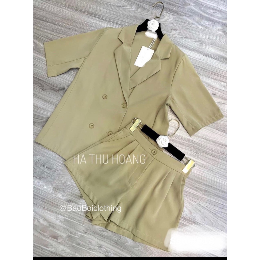 Set Bộ Đồ Nữ Set Vest Đùi Nữ Áo Blazer Ngắn Tay 2 Hàng Cúc Mix Quần Sooc Đùi Cạp Chun Sau Lưng Freesize