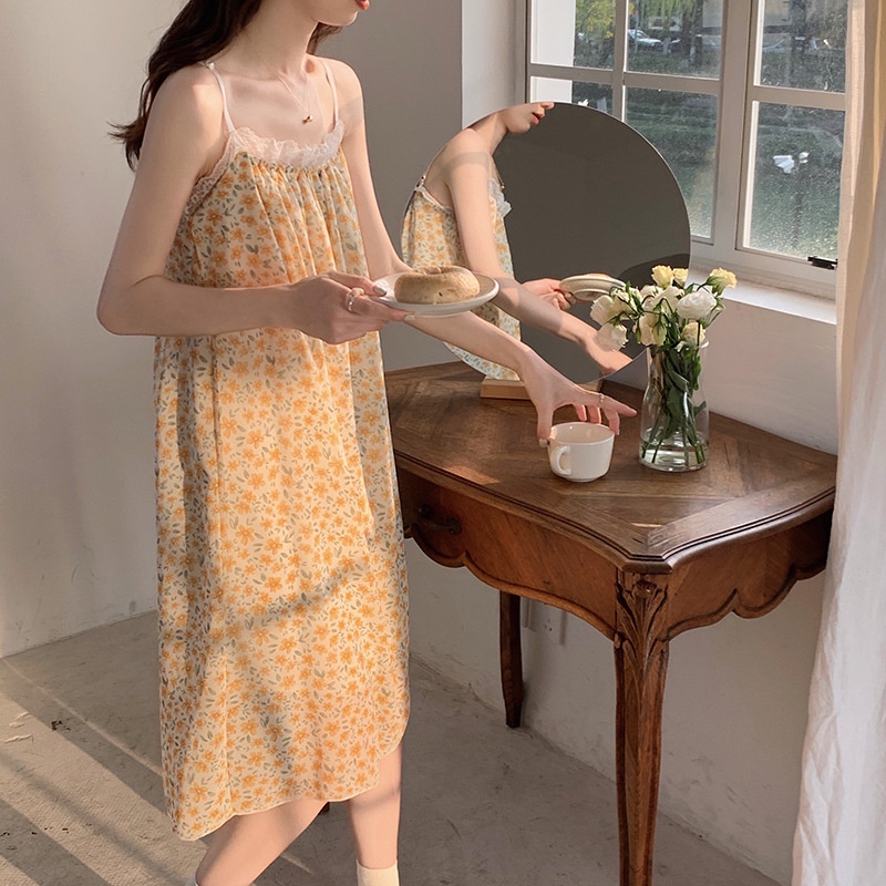 Váy ngủ nữ mùa hè lỏng lẻo ngọt ngào sling đồ ngủ dễ thương mùa hè nữ phong cách mới phong cách mùa xuân thu có thể mặc quần áo mặc nhà bên ngoài fqi2