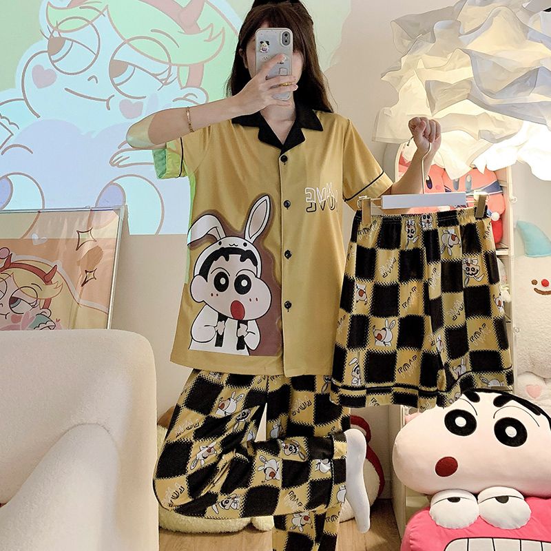 Bộ Đồ Ngủ Ba Món Bằng Cotton Nguyên Chất Tay Cộc Dáng Rộng Có Thể Mặc Ngoài Trời