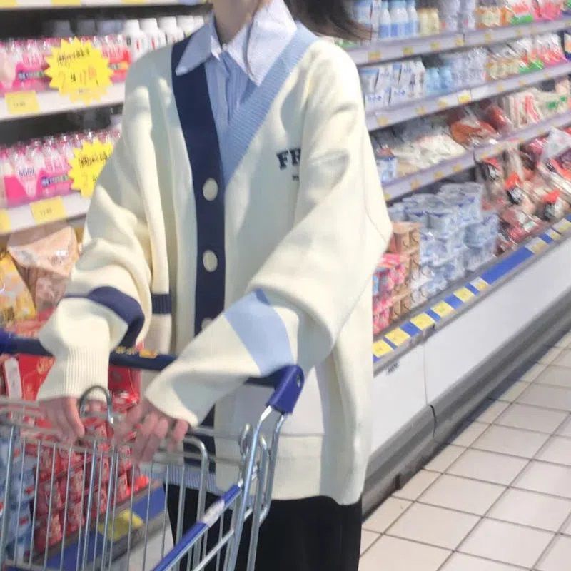 Áo Khoác Cardigan Dệt Kim Thêu Chữ Phối Màu Phong Cách Hàn Quốc Thời Trang Cho Nữ