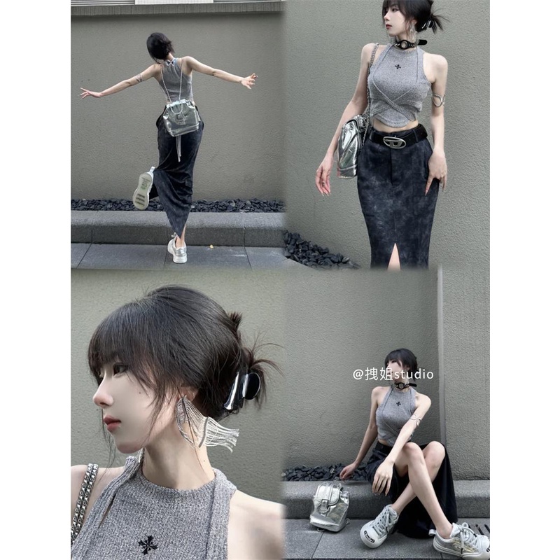Bộ Áo Lửng Hai Dây Phối Chân Váy Ngắn Lưng Cao Xẻ Tà Ôm Dáng Thời Trang Cao Cấp Cho Nữ EZDD