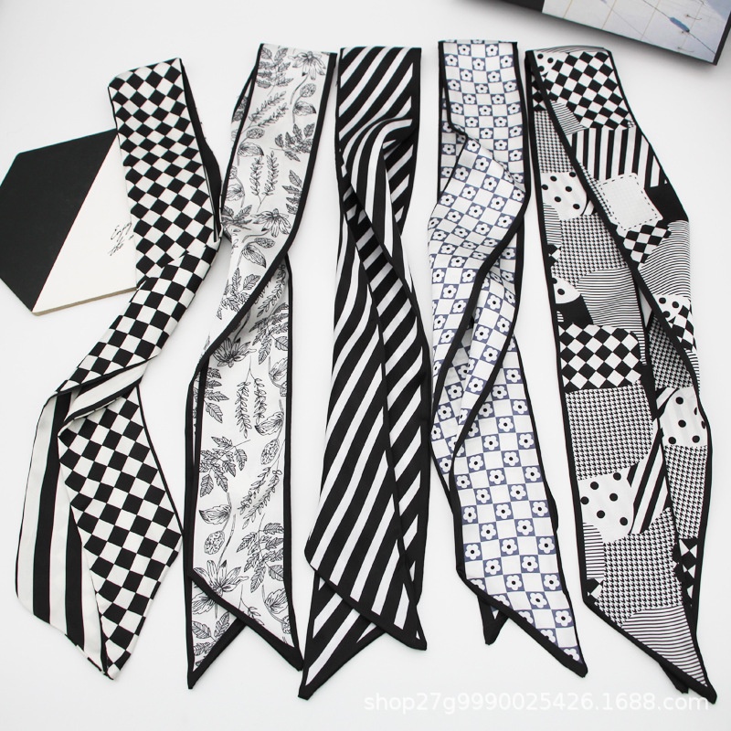 Khăn Quàng Cổ Dài Thắt Nơ Ruy Băng Đen Trắng Bằng Lụa