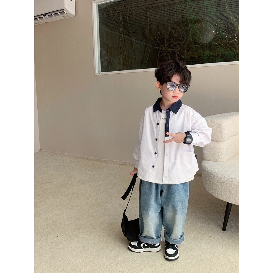 Áo sơ mi bảo hộ lao động bé trai nhật bản và hàn quốc cho bé trai lớn màu phù hợp với tay dài
