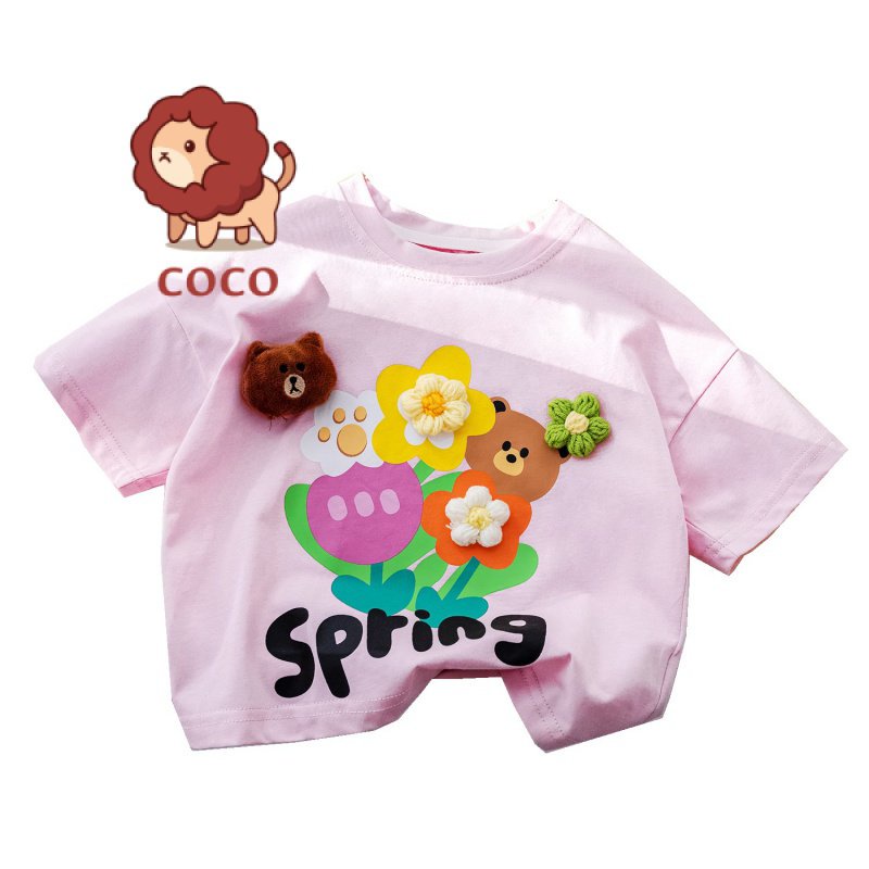 Áo Thun Tay Ngắn In Hình Gấu Và Hoa Dễ Thương Thời Trang Mùa Hè Cho Bé Gái