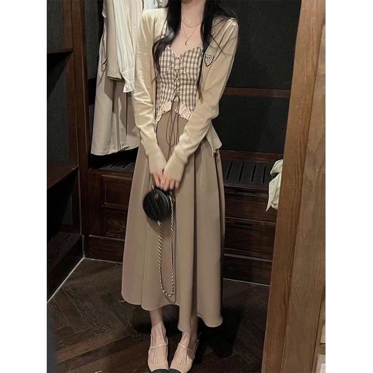 044 Bộ Áo Khoác cardigan Dệt Kim + Chân Váy Phong Cách Retro Mới Dành Cho Nữ