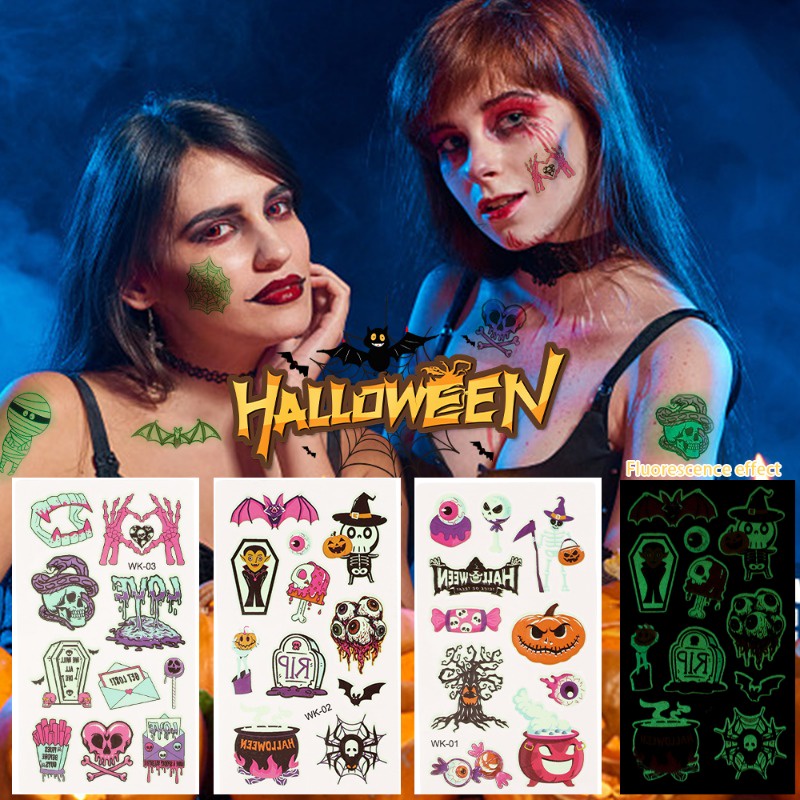 Miếng Dán Hình Xăm Tạm Thời Họa Tiết Halloween Dạ Quang Chống Thấm Nước
