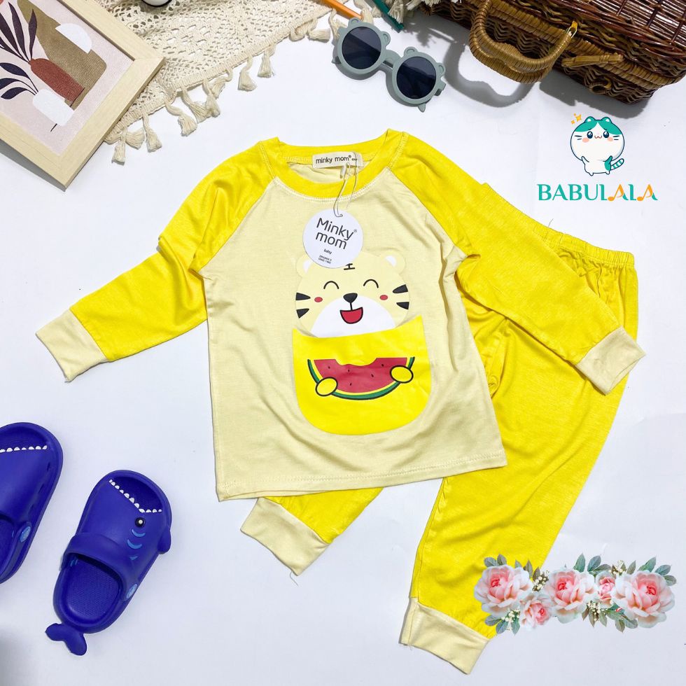 Đồ Bộ Tay Dài Thun Lạnh Minky Mom Chính Hãng Hình Khủng Long Hươu Gấu Cho Bé Trai Bé Gái 8-20kg - Babulala