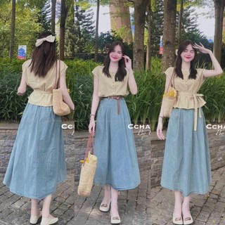 Set áo sơmi tay hến buộc eo mix chân váy bò dáng dài kèm đai da có ảnh thật