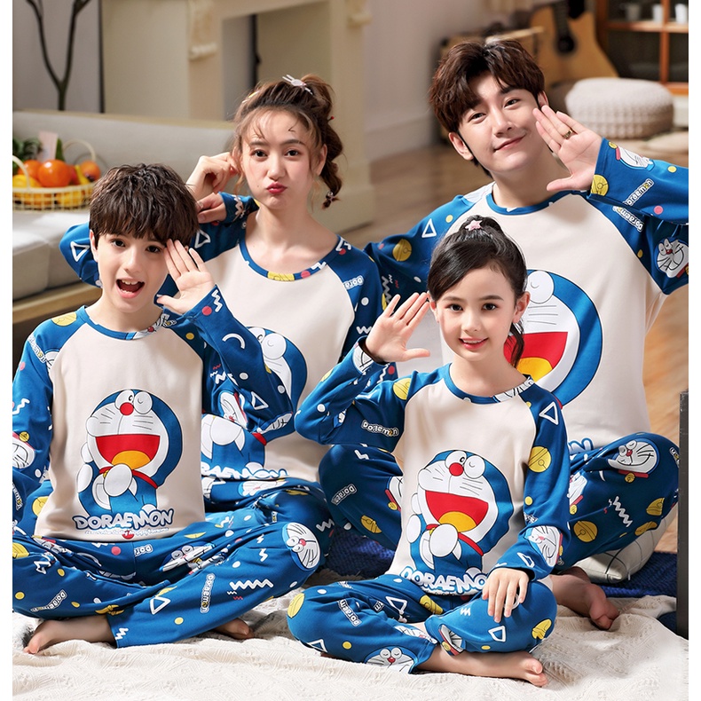 Bộ Đồ Ngủ Tay Dài Chất Liệu Cotton Mềm Mại In Họa Tiết Hoạt Hình Doraemon Dễ Thương Cho Gia Đình