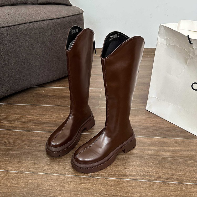 Giày Bốt Da PU Gót Vuông Mũi Tròn Thoáng Khí Thiết Kế Đơn Giản Hợp Thời Trang