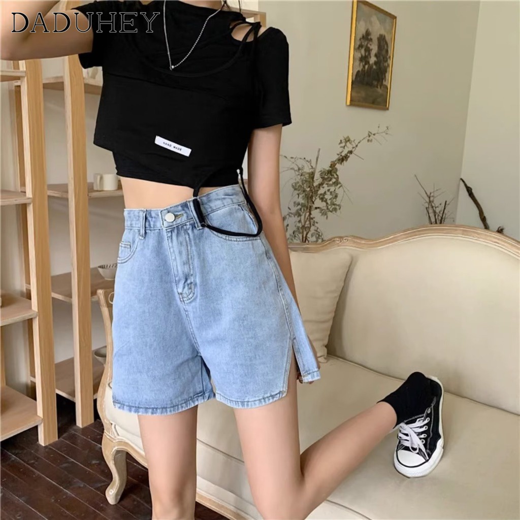 DaDuHey New Korean Version of INS Retro Denim Shorts Niche High Waist Wide Leg Pants Large Size Hot Pants