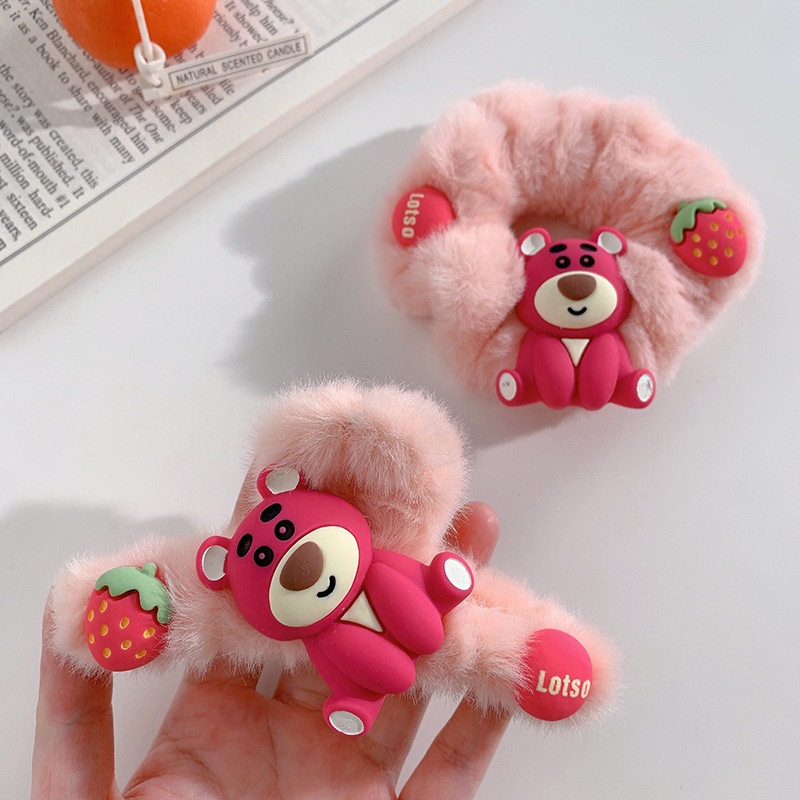 PVN60432 Kẹp Tóc Hình Gấu Dâu Tây Bằng Lông Nhung Thời Trang