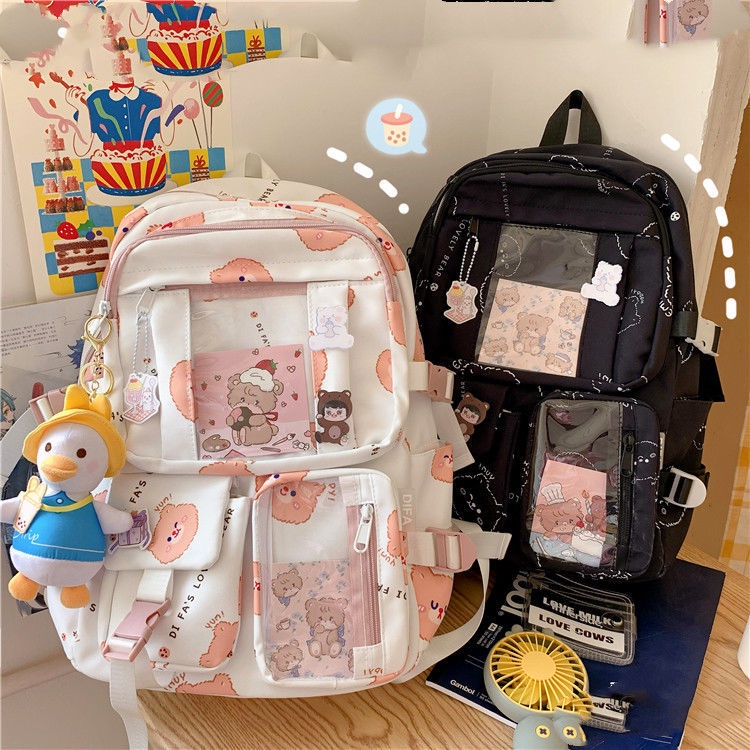 Ba Lô Đi Học Mềm Mại Họa Tiết Gấu Dễ Thương Phong Cách Harajuku Nhật Bản Hàn Quốc Cho Nữ QQSQ