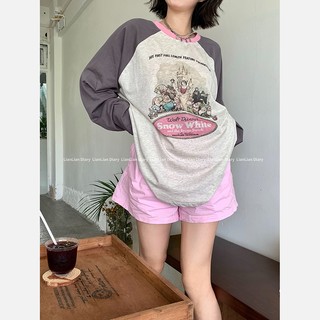 SUXI Áo Thun Tay Dài Cổ Tròn In Họa Tiết Hoạt Hình Phối Màu Tương Phản Dễ Phối Đồ