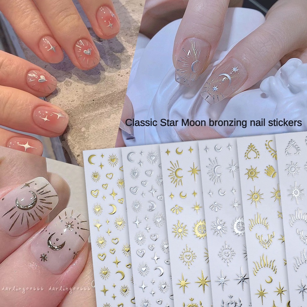 Nhãn dán nghệ thuật dán móng tay hình ngôi sao cổ điển rỗng hình trăng sao / Kim Loại Bạc Chất Lỏng Trái Tim Mặt Trăng Hình Ngôi Sao Bốn Cánh Nhãn Dán Móng Tay / Nhãn dán nghệ thuật móng tay phong cách boho