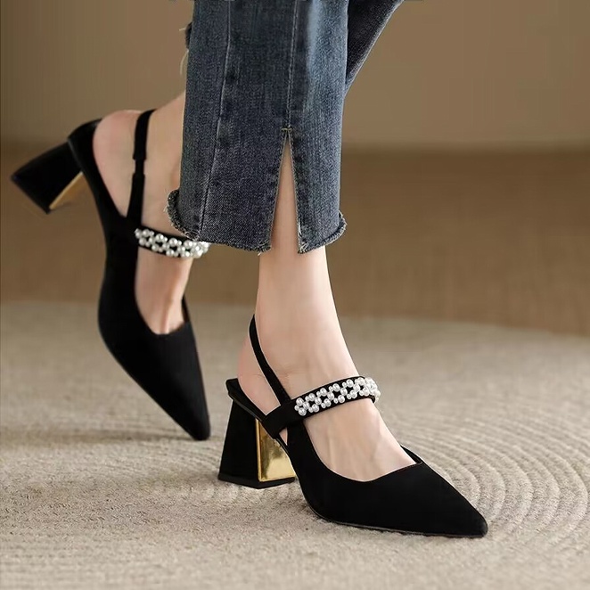 ZTAIXIELUA Giày Cao Gót Mũi Nhọn Đế Dày Quai Quấn Đính Ngọc Trai Thời Trang Mùa Hè Dành Cho Nữ