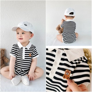 Thời trang mùa hè dễ thương in sọc cotton ngắn tay áo liền quần polo trang phục cho bé trai / bé gái 0-2 tuổi