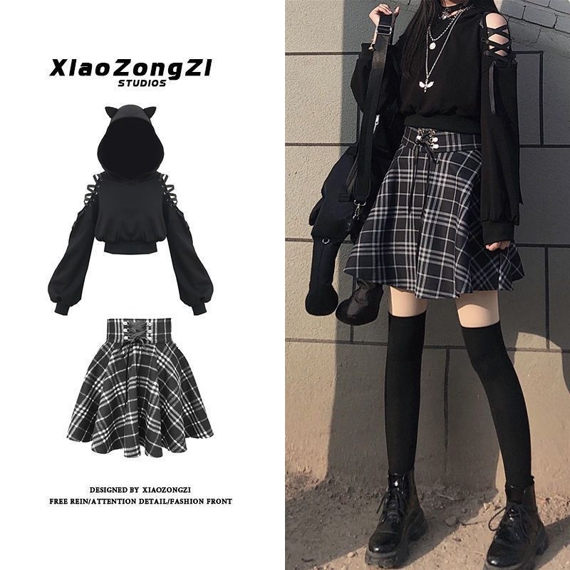 𝒀𝒂𝒏𝒚𝒂𝒏 Set 2 Món Áo Len Có Mủ Tai Mèo Mix Chân Váy Cạp Cao Kiểu Cách