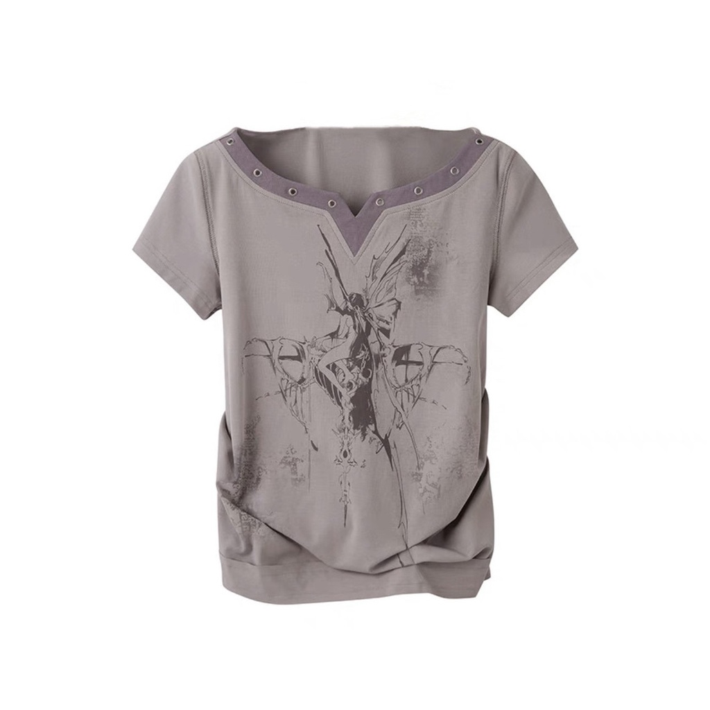 Áo Thun Tay Ngắn Cổ Chữ v Màu Xám Tím Phong Cách Mỹ Thời Trang Mùa Hè Cho Nữ