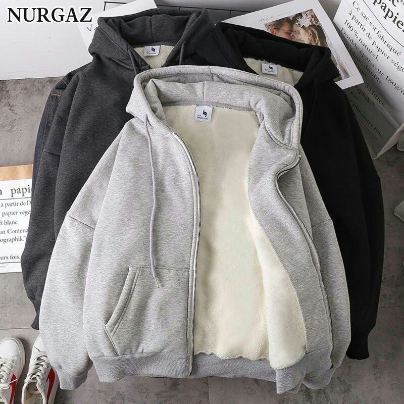 Nurgaz Áo khoác cardigan nam dài tay phong cách hàn quốc hợp thời trang áo khoác có mũ trùm đầu lỏng zip top fleece dày áo khoác có mũ trùm đầu