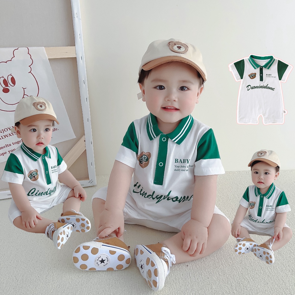 Mùa hè mới bé trai bodysuit ngắn tay 0-24 tháng áo sơ mi polo cho bé gấu nhỏ Áo liền quần phong cách hàn quốc romper