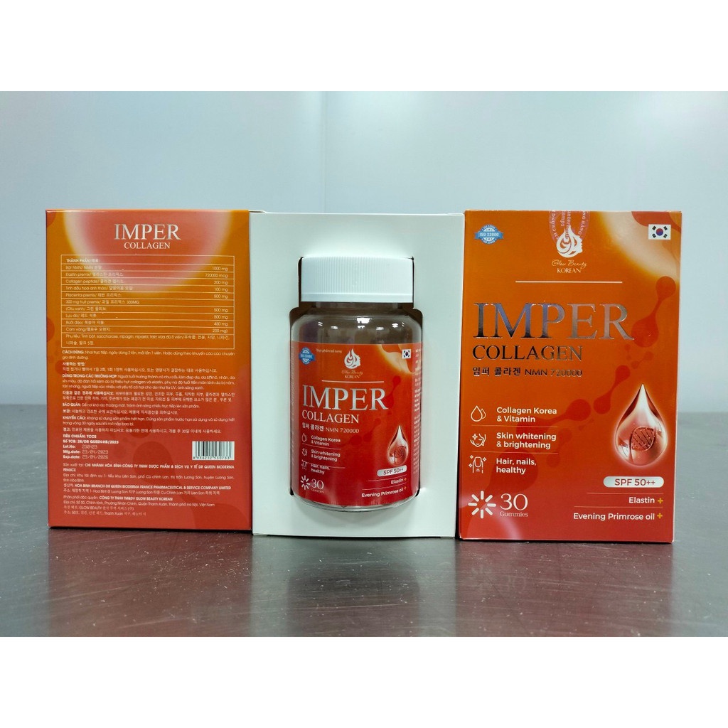 Kẹo Dẻo Trắng Da Imper Collagen Dưỡng Da Mờ Nám Chống Nắng Hộp 30 Viên