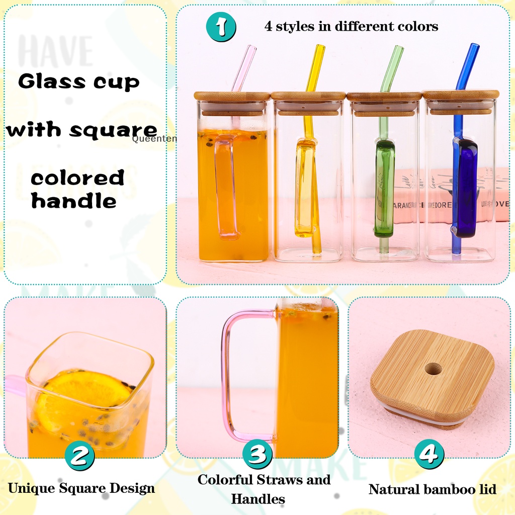 Ly uống queenten 4 gói có nắp tre và ống hút thủy tinh, ly thủy tinh 14oz / 400ml có nắp và ống hút, ly uống vuông cho cocktail, rượu whisky, cà phê nóng / đá, juic
