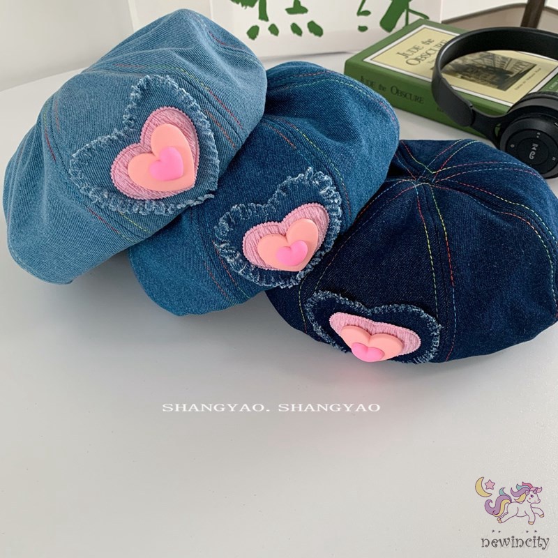 Trẻ em hàn quốc cô gái ngọt ngào mát mẻ tình yêu thiết kế trái tim mũ nồi denim ins style mũ